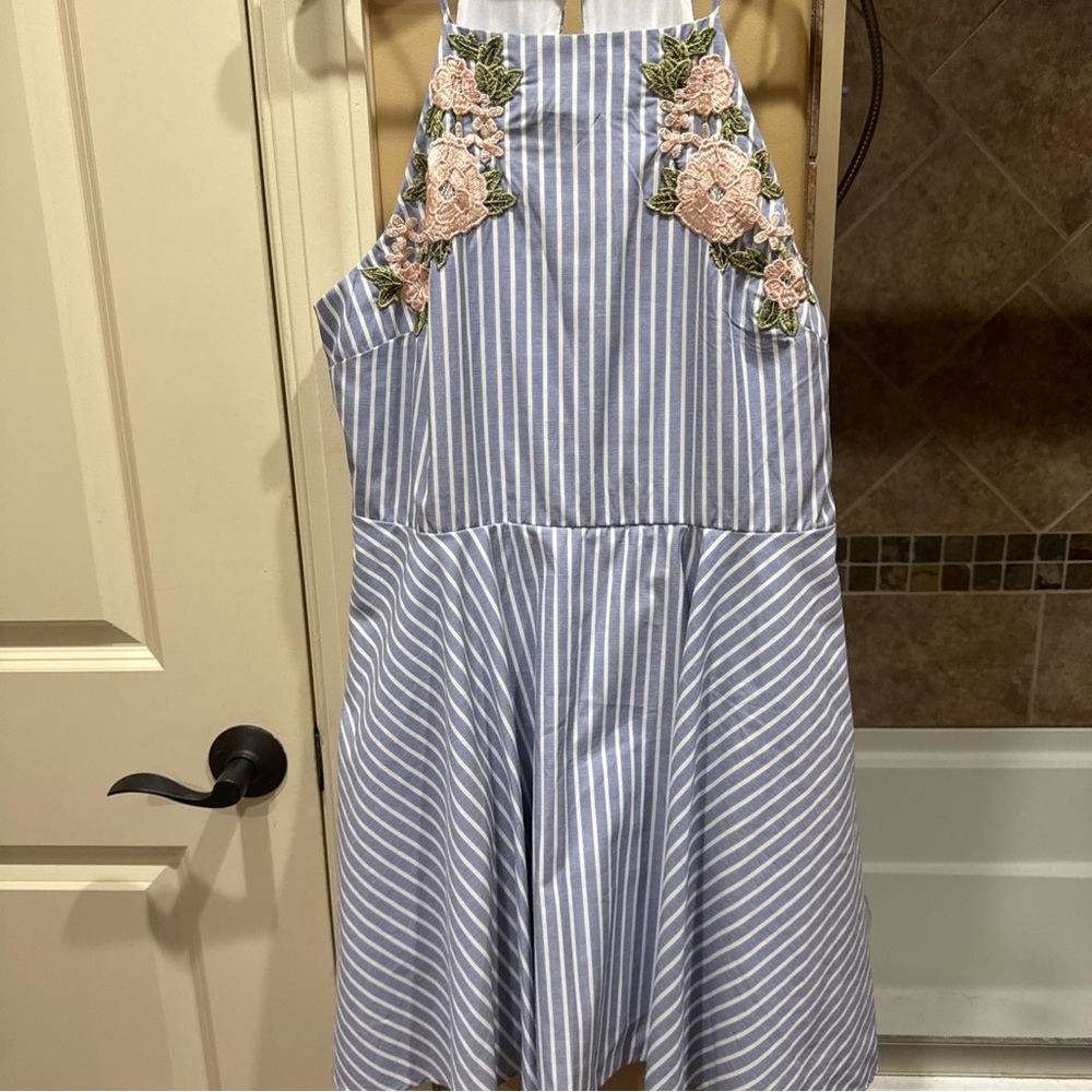 Jodi Kristopher Striped Halter Dress with Floral Embroidery